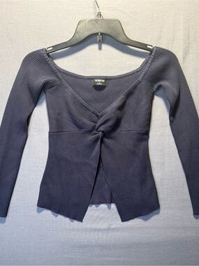The Work Shop Navy Ribbed Twist-Front Long Sleeve Top. Size Small